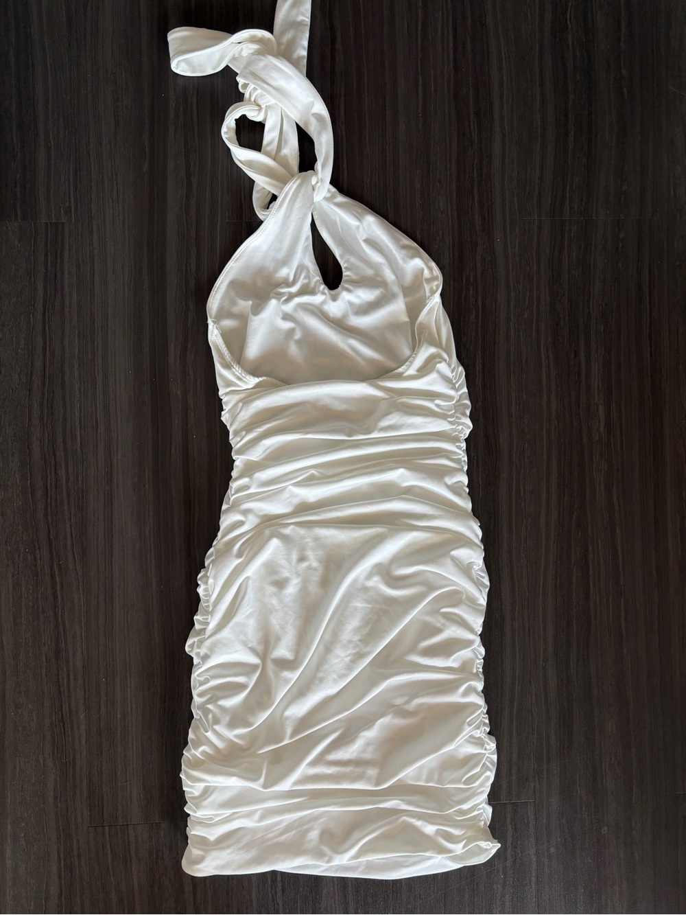 White Backless Halter Ruched Mini Bodycon Dress - Picture 3 of 4